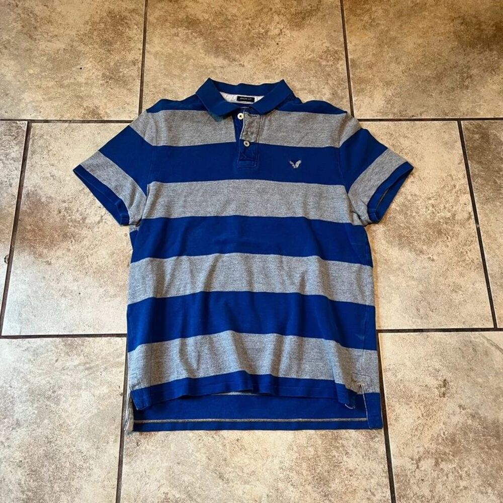 American Eagle Outfitters Striped Polo Shirt Blue & Grey | athletic fit Size M